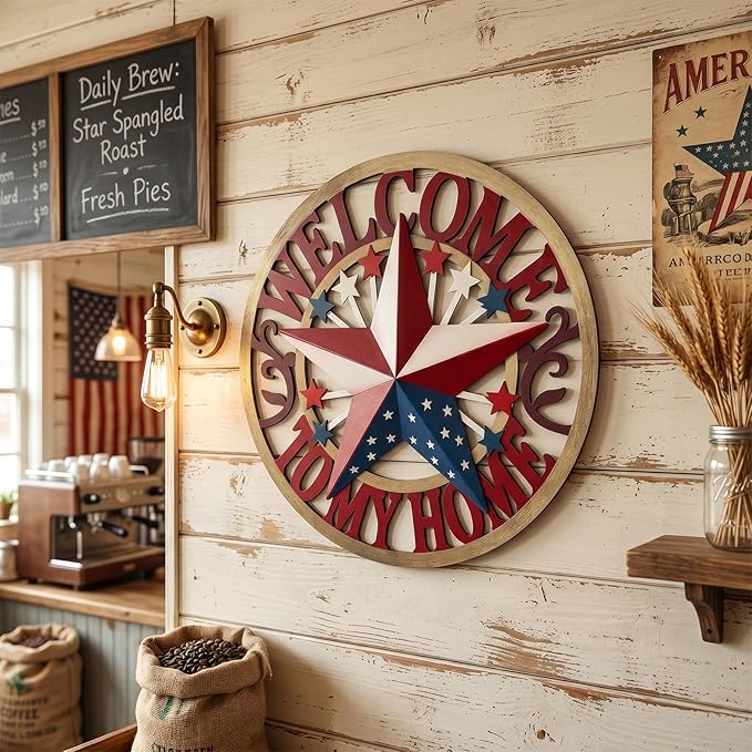 Patriotic Outdoor Decor USA Metal Star Hanging Welcome Home Signs Metal Wall Decor 4th of July Patriotic Front Door Wreaths Hanger,Meta Flag Garden Fence Patio Front Porch Yard Indoor Outdoor 12''H
