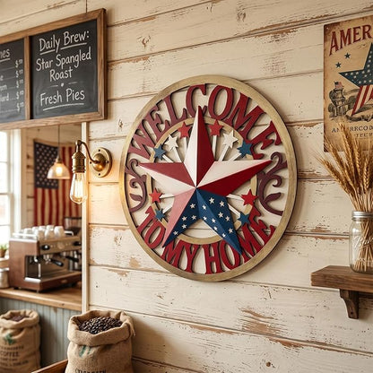 Patriotic Outdoor Decor USA Metal Star Hanging Welcome Home Signs Metal Wall Decor 4th of July Patriotic Front Door Wreaths Hanger,Meta Flag Garden Fence Patio Front Porch Yard Indoor Outdoor 12''H