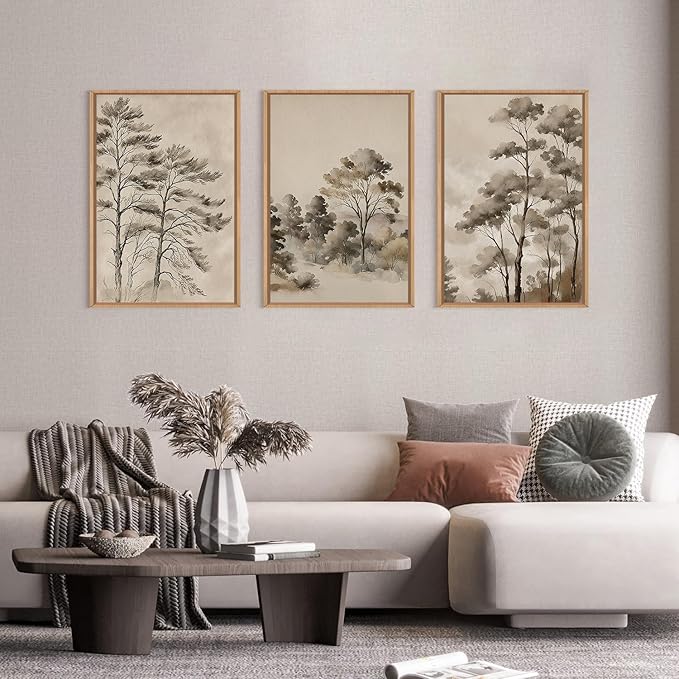Vintage Sketch Trees Framed Canvas Wall Art Set,Watercolor Ink Nature Forest Landscape Wall Decor,Modern Birch Tree Branch Calm Painting for Living Room,Bedroom-24 x36 x3