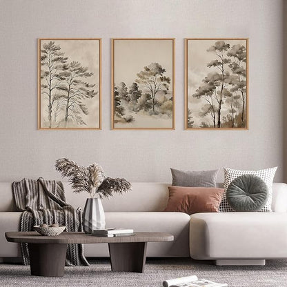 Vintage Sketch Trees Framed Canvas Wall Art Set,Watercolor Ink Nature Forest Landscape Wall Decor,Modern Birch Tree Branch Calm Painting for Living Room,Bedroom-24 x36 x3