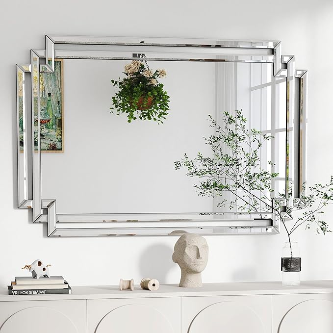Rectangular Large Decorative Wall Mirror with Mirrored Frame, 28" X 40" Modern Large Bathroom Mirror with Glass Pieces and Beveled Edge, Hang Horizontally or Vertically