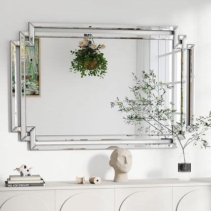 Rectangular Large Decorative Wall Mirror with Mirrored Frame, 28" X 40" Modern Large Bathroom Mirror with Glass Pieces and Beveled Edge, Hang Horizontally or Vertically