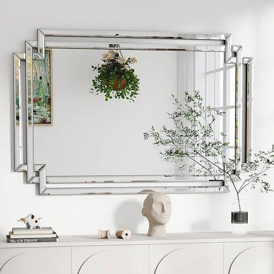 Rectangular Large Decorative Wall Mirror with Mirrored Frame, 28" X 40" Modern Large Bathroom Mirror with Glass Pieces and Beveled Edge, Hang Horizontally or Vertically