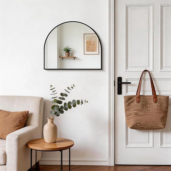 CIRCUMI Arched Wall Mirror, 24"x20" Black Arched Mirror with Tempered Glass, Metal Frame, Large Size for Entryway Table, Mantel,Living Room,Over Sink,Arch Mirror for Decor,Shatterproof&Crystal-Clear