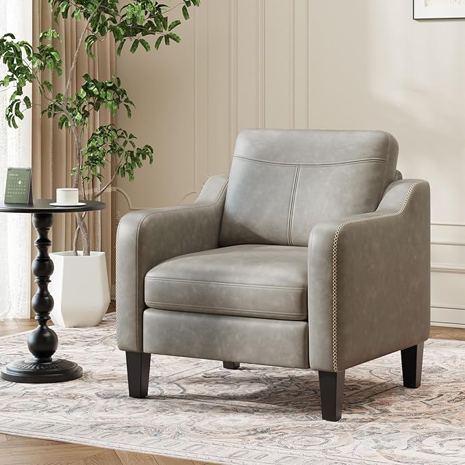 MALOL PU Leather Accent Chair, Mid-Century Modern Living Room Armchair Sofa with Removable Cushions, Solid Wood Frame & Stitched Armrest Design, Bedroom Chair with Plastic Legs, Grey
