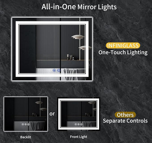 72"x36" LED Bathroom Mirror with Anti-Fog, Stepless Dimmable Lights, 3 Color Modes, Shatter-Proof Tempered Glass,Waterproof Design
