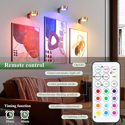 4-Pack Picture Light Battery Operated Painting Lights, 13 Color RGB Magnetic LED Display Art Light with Remote, Dimmable and Timer Portrait Light for Art Frame Artworking, Wall Decor Puck Light, Gold