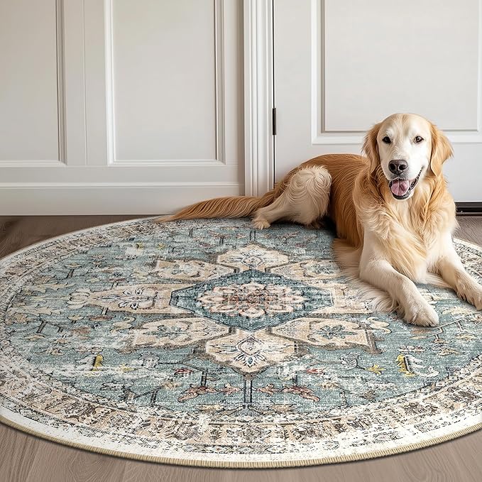 BESTSWEETIE 6ft Area Rug Washable Rugs for Living Room, No Pile Boho Carpet for Entryway Bedroom Dinning Room, Vintage Carpet Print Distressed Non-Slip, 72" Round, Green Brick Rust Red