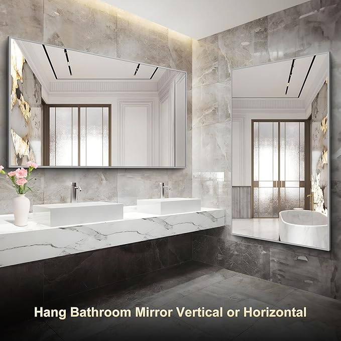 COFENY 36x60inch Brushed Nickel Bathroom Mirror, Silver Rectangle Mirror with Frame, Large Rectangular Wall Mirrors for Bathroom, Living Roomm, Hair Salon, Big Mirror Hang Horizontal/Vertical