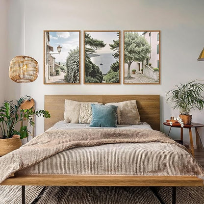 Aurlan Neutral Italy Cityscape Gallery Framed Wall Art(24"x36"), 3PCS Vintage Mediterranean Countryside Landscape Canvas Artwork, Large Town Coast Streets Travel Decor Prints for Office Home