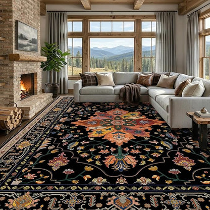 RELEANY Area Rugs 10'x14' Washable Non-Slip, Floral Vintage Distress Print Pattern Medallion Carpet for Living Room Bedroom Dining Room, Black Colorful Floral Dark Tan