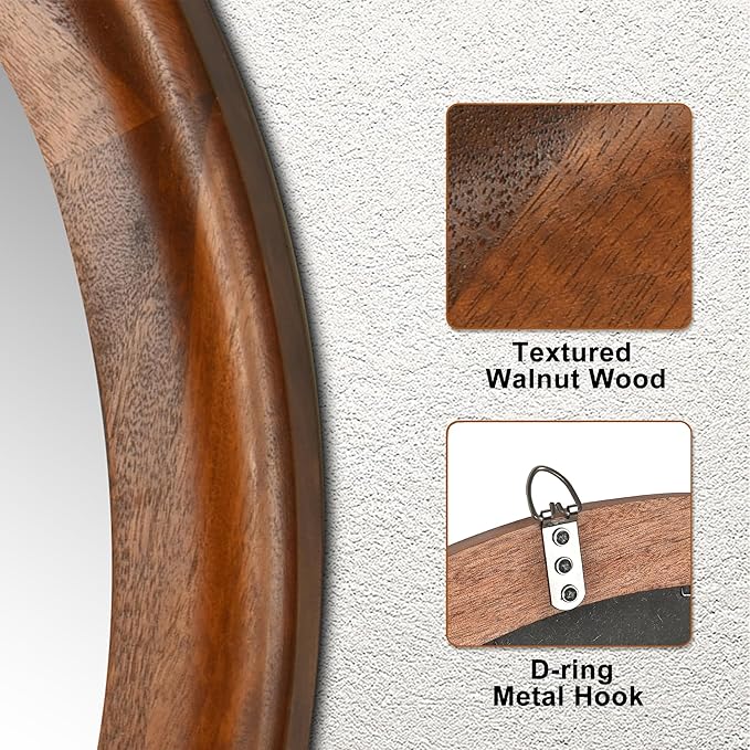 Round Wood Mirror for Wall,24 Inch Circle Decorative Mirror with Walnut Frame,Rustic Bathroom Hanging Vanity Mirror for Entryway,Bedroom or Living Room(Walnut Brown)