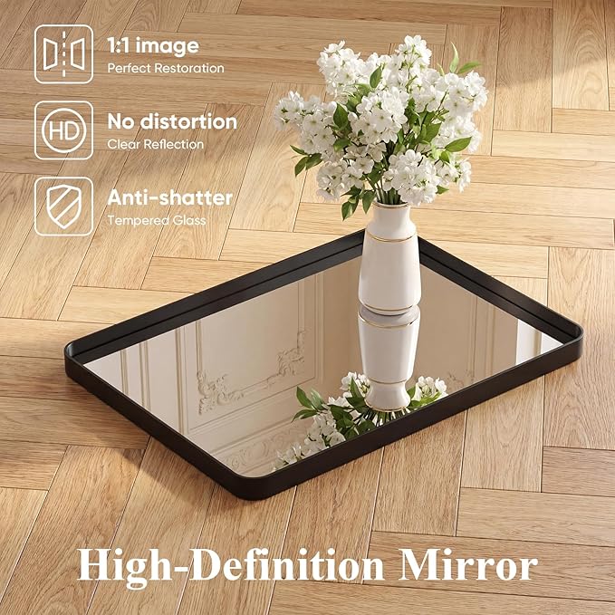 NEWBULIG 32X40 Inch Bathroom Mirror for Over Sink, Wall Vanity Mirrors Tempered Glass, Anti-Rust Metal Framed Rounded Rectangle, Hangs Horizontally or Vertically, Farmhouse Home Decor, Black