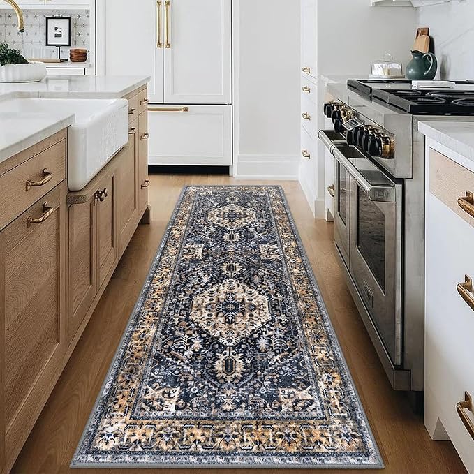 KOZYFLY Runners for Hallways 2.6x8 Ft Washable Kitchen Runner Rug Boho Runner Rug for Entryway Indoor Gold/Orange/Navy Printed Oriental Faux Wool Floor Carpet Runner for Bedroom