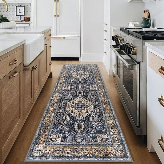 KOZYFLY Runners for Hallways 2.6x8 Ft Washable Kitchen Runner Rug Boho Runner Rug for Entryway Indoor Gold/Orange/Navy Printed Oriental Faux Wool Floor Carpet Runner for Bedroom