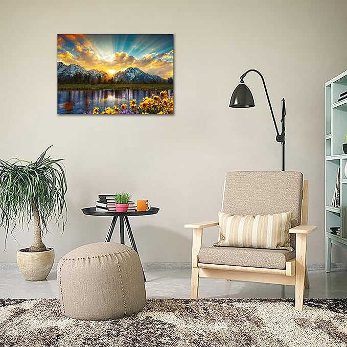 SKASNFAI Grand Teton National Park Wall Art Sunflower Landscape Canvas Mountain Artwork Landscape Print for Living Room Framed (16x24 inch)