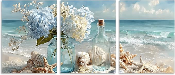 TutuBeer 3 Pcs Blue Ocean Beach Bathroom Canvas Wall Art Seaside Seashell Painting Print Artwork Starfish with White Flower Coastal Bathroom Canvas Wall Art for Living Room Bedroom Bathroom 16"x24"