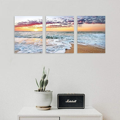 TutuBeer 3 Panels Beach Home Beach Decor for Home Beach Decorations White Beach Sunrise with Deep Blue Sky Beach Pictures of the Beach Kitchen Decor Beach Decorations for Home Decor 12" x 16" x 3