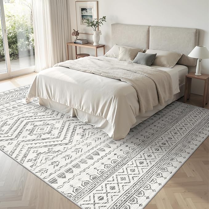 Miukiki 7x9 Area Rug for Living Room Moroccan Washable Rugs Non Slip Indoor Floor Carpet Foldable Large Soft Area Rug for Dining Room Bedroom with Low Pile(Grey,7'x9')