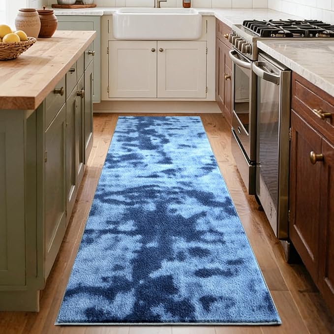 FinRèc 2x6 Washable Runner Rugs for Kitchen Hallway Bedroom, Low Pile Thin Ultra Soft Shag Rug, Non-Slip Carpet Indoor for Home Decor (Tie-dye Teal)