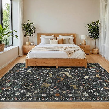 5x7 Area Rugs Washable Rug: Lagre Boho Living Room Rug Soft Non-Slip Thin Carpet Indoor Floor Non-Shedding Neutral Floral Carpets for Bedroom Dining Room Farmhouse Nursery Black