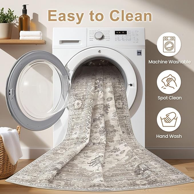 EIEIHOUSE Washable Area Rugs for Living Room - 9x12 Neutral Vintage Distressed Floral Farmhouse Boho Large Soft Floor Rug Indoor Non Slip Carpet for Living Room Bedroom Dining Room Office-Brown/Beige