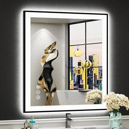 28x32 Black Framed LED Bathroom Mirror with Lights, Backlit and Front Lit Anti-Fog Lighted Vanity Mirrors for Bathroom Wall, Dimmable, 3 Colors, Memory, HD Tempered Glass, Horizontal/Vertical