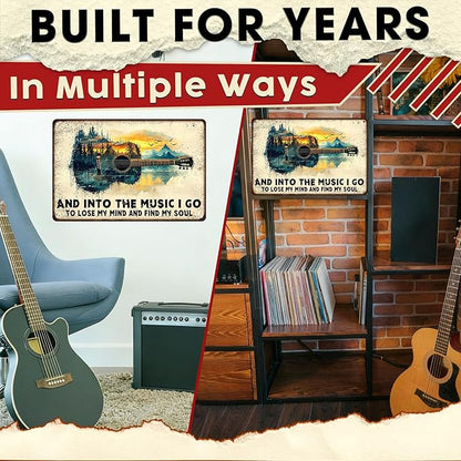 Guitar Metal Sign Vintage Wall Art And Into the Music Tin Sign for Man Cave Bar Garage Music Room Decor 8x12 Inch
