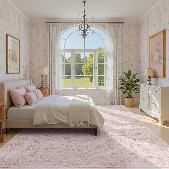 Pink Area Rugs 5x8 for Living Room, Washable Vintage Rugs for Bedroom, Light Pink Throw, Non Slip Carpet for Bedroom Dining Nursery