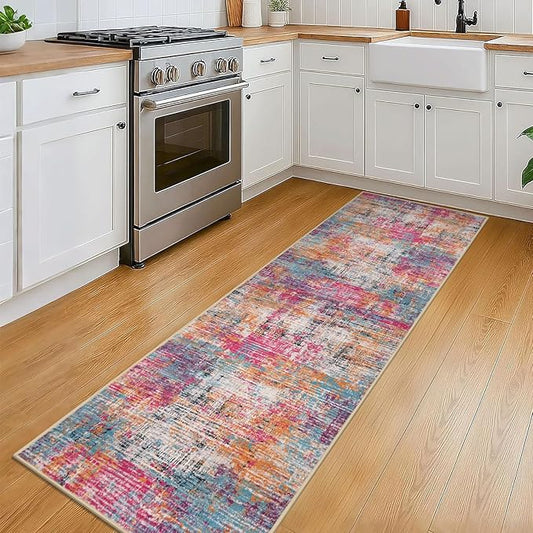 KILOCOCO Modern Abstract Runner Rug 2x6 ft Washable Hallway Runner Rug Non Slip Soft Pinted Kitchen Runners for Hallways Entryway Bedside Laundry Room Floor Runners, Pink/Orange/Blue