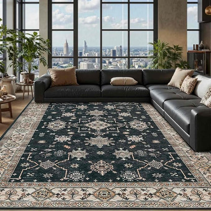 Rugxara 8x10 Area Rugs for Living Room, Large Washable Rug, Black Vintage Boho Rug, Non Slip & Low Pile Faux Wool Carpet for Indoor Dining Room, Bedroom and Farmhouse(Black 8x10ft)