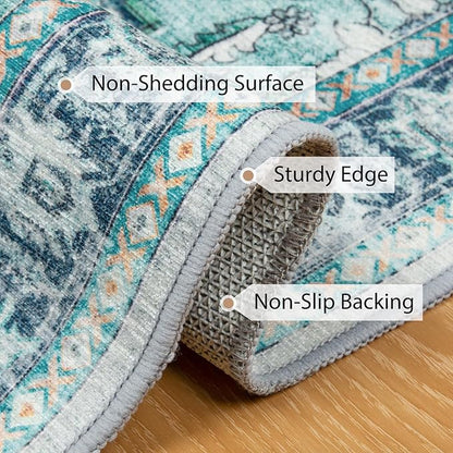 BESTSWEETIE 8ft Area Rug Washable Rugs for Living Room, No Pile Boho Carpet for Entryway Bedroom Dinning Room, Vintage Carpet Print Distressed Non-Slip, 96" Round, Teal Dark Green