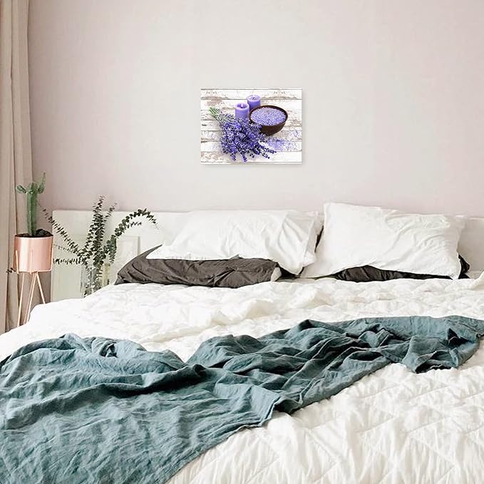 Bathroom Canvas Wall Art Purple Lavender Theme Modern Flowers Painting Pictures for Bedroom Wall Decor Vintage Framed Artwork for Office Kitchen Rustic Wall Decor for Wall Size 12x16, Purple and Gray