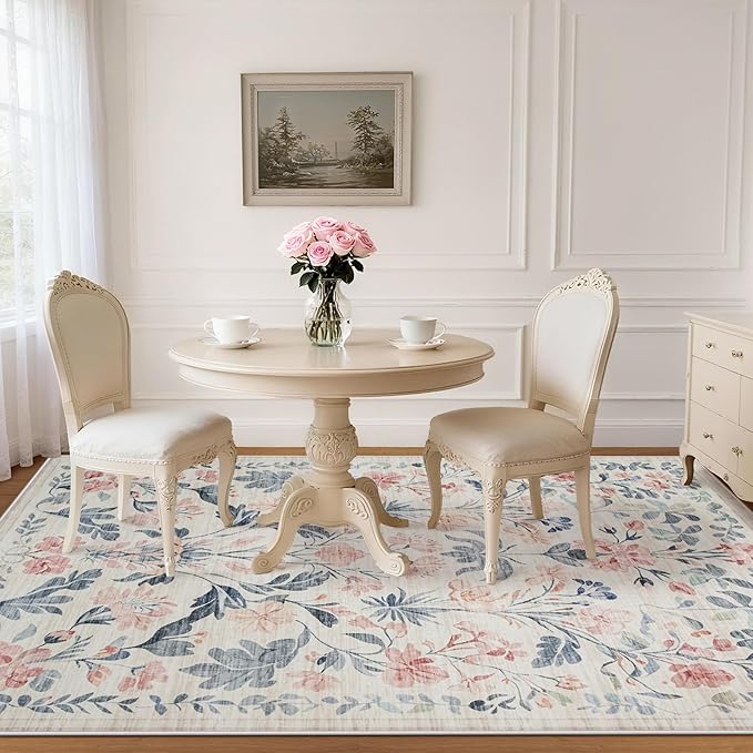 6x9 Area Rugs Washable Rug: Lagre Boho Living Room Rug Soft Non-Slip Thin Carpet Indoor Floor Non-Shedding Neutral Floral Carpets for Bedroom Dining Room Farmhouse Nursery Multi