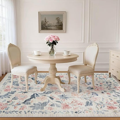 6x9 Area Rugs Washable Rug: Lagre Boho Living Room Rug Soft Non-Slip Thin Carpet Indoor Floor Non-Shedding Neutral Floral Carpets for Bedroom Dining Room Farmhouse Nursery Multi