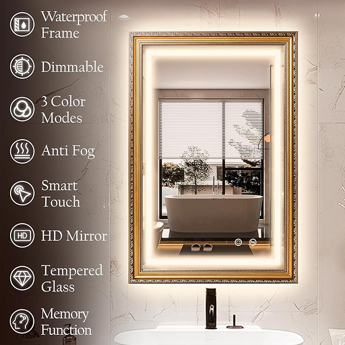 ROLOVE 23x35 Inch Gold Vintage Mirror for Wall Decor, Ornate Baroque Waterproof Frame, Antique Wall Mirror with Lights, Anti-Fog, Plug-in/Hardwired, Rectangle LED Mirror for Bathroom Vanity, Entryway