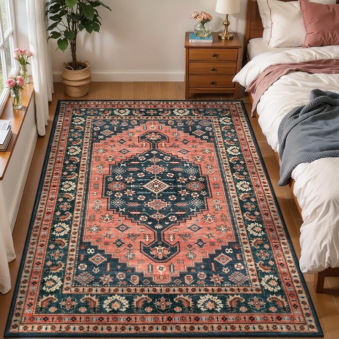 Tangsoo Vintage 4x6 Rug for Living Room,Washable Indoor Area Rug Red Blue Non-Slip Rubber Backing Soft Low Pile Carpet for Front Porch Dining Room Patio Bedroom