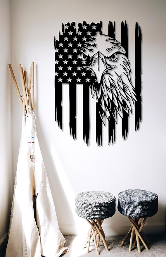 American Eagle Metal Wall Art American Flag Wall Decor Eagle Wall Signs Fourth of July Independence Day Decorations Metal Wall Decor For Home Office Living Room Indoor Outdoor ( Black 11.2 x 16.6 In )