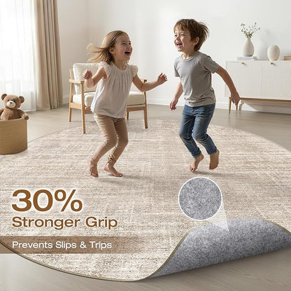 7ft Round Rug Living Room: 7x7 Washable Large Neutral Beige Circle Area Rug Abstract Soft Modern Stain Resistant Indoor Floor Non-Slip Carpet for Bedroom Nursery Kids Office Playroom Dining Room