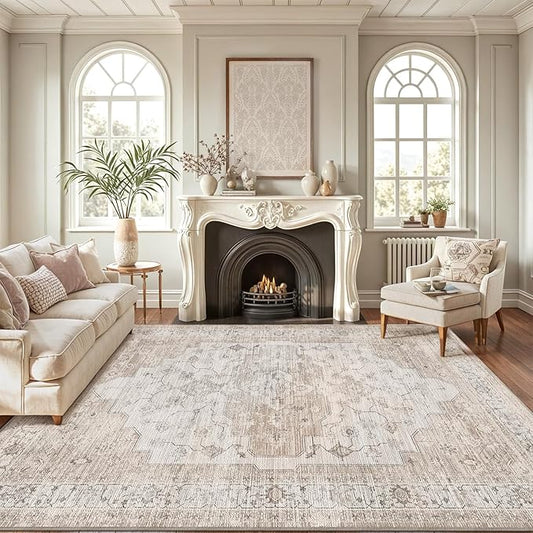LUMI 8x12 Washable Area Rug for Living Room, Ultra Soft Vintage Rugs with TPE Non Slip Backing, Stain Resistant, Low Profile Carpet High Traffic for Bedroom, Dining Room