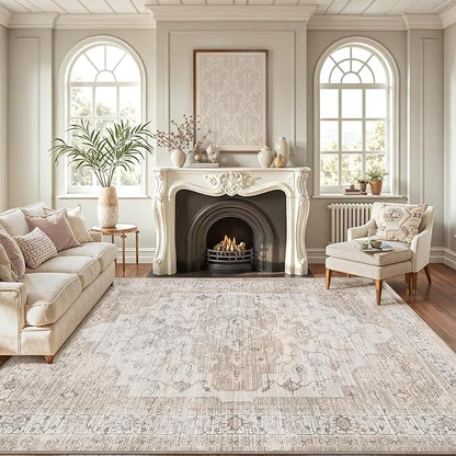 LUMI 8x10 Washable Area Rug for Living Room, Ultra Soft Vintage Rug with TPE Non Slip Backing, Stain Resistant, Low Profile Carpet High Traffic for Bedroom, Dining Room