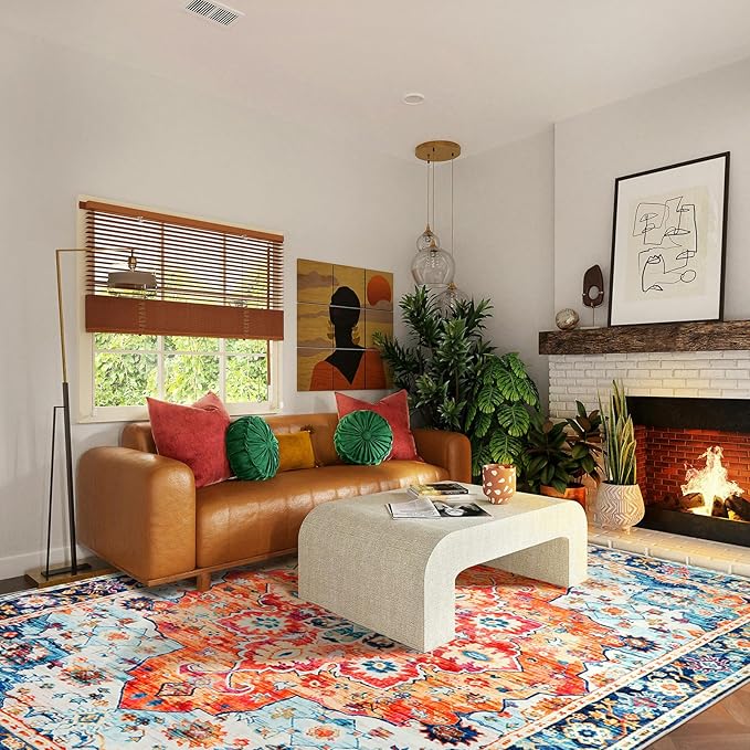 8x10 Area Rugs for Living Room, Machine Washable Vintage Rug, Non-Slip Low Pile Throw Rugs with Rubber Backing Washable Carpet for Bedroom Dining Room Kitchen Home Decor, Orange