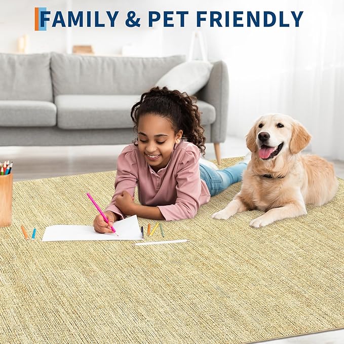 5x7 Washable Rugs Non Slip Minimalist Area Rug for Bedroom Soft Low Pile Solid Color Large Bedroom Throw Carpet Stain Resistant Classic Neutral Area Rug Plain Boho Rugs for Kitchen Nursery, Tan 5'x7'