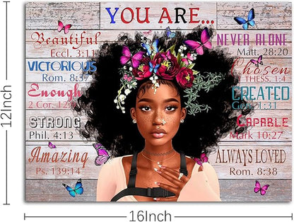 WOWGOOMO Vintage African American Women Wall Art Fashion Black Girl Portrait Canvas Pictures You Are Bible Quotes Poster for Living Room Bedroom Home Office Framed Inspirational Gift for Women 12"x16"