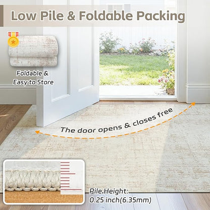 6x9 Area Rugs for Living Room Washable Rug: Anti-Skid Abstract Modern Living Room Rug Soft Thin Carpets Indoor Floor Non-Shedding Carpet for Bedroom Dining Farmhouse Nursery Home Office Beige White