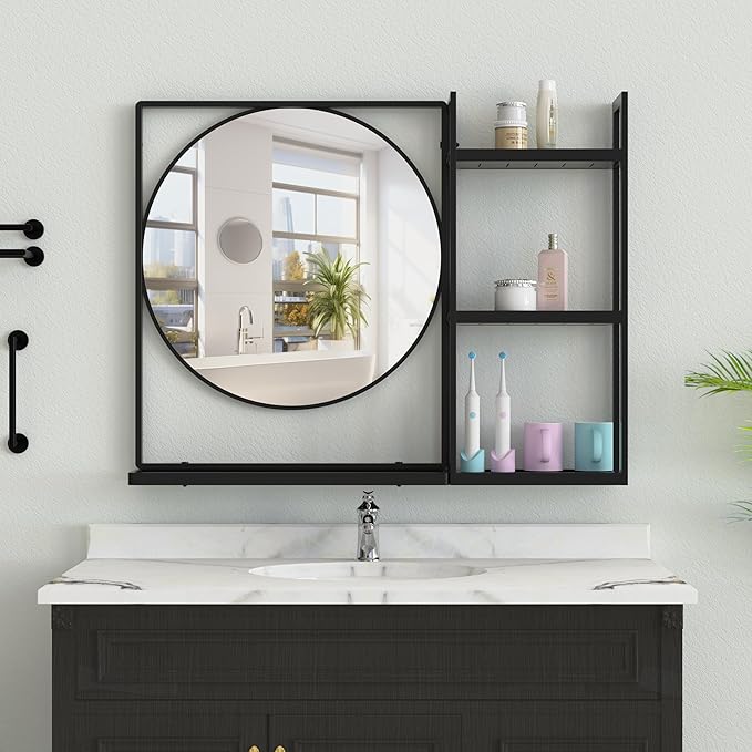 Black Metal Framed Bathroom Mirror with Shelf, 31" X 24.4" Rectangular Wall Mounted Bathroom Vanity Mirror, Modern Bathroom Mirror with Storage for Over Sink, Entryway