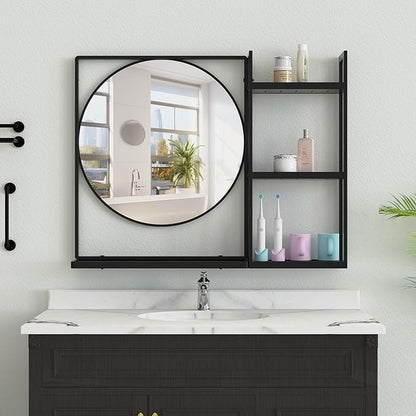 Black Metal Framed Bathroom Mirror with Shelf, 31" X 24.4" Rectangular Wall Mounted Bathroom Vanity Mirror, Modern Bathroom Mirror with Storage for Over Sink, Entryway
