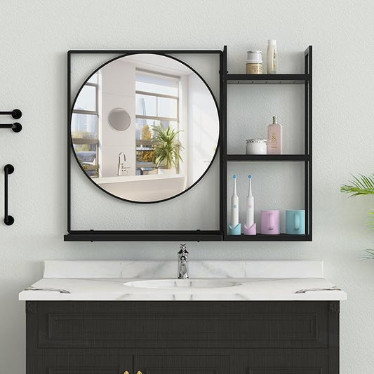 Black Metal Framed Bathroom Mirror with Shelf, 31" X 24.4" Rectangular Wall Mounted Bathroom Vanity Mirror, Modern Bathroom Mirror with Storage for Over Sink, Entryway