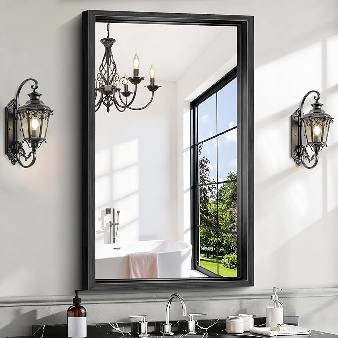 CIRCUMI 24"x40" Brushed Black Mirror with Chunky Box Metal Frame, Bathroom Mirror for Vanity Remodel & New Home, Living Room, Entryway, Rectangular Wall Mirror, Tempered Glass, Vertical or Horizontal