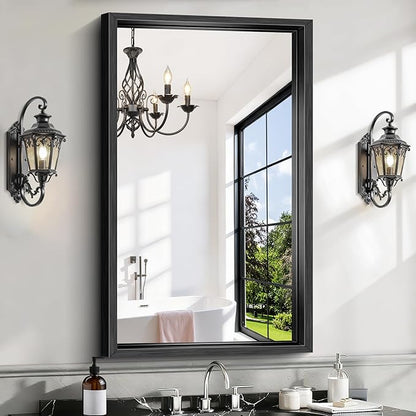CIRCUMI 24"x40" Brushed Black Mirror with Chunky Box Metal Frame, Bathroom Mirror for Vanity Remodel & New Home, Living Room, Entryway, Rectangular Wall Mirror, Tempered Glass, Vertical or Horizontal